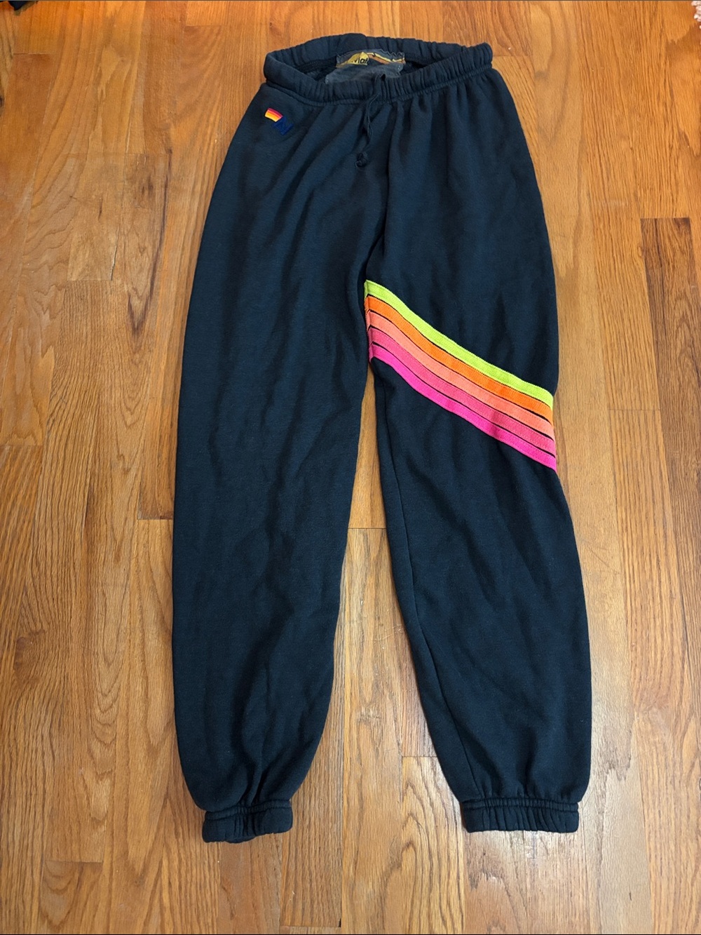 Aviator Nation Black Sweatpants with Neon Rainbow Stripe